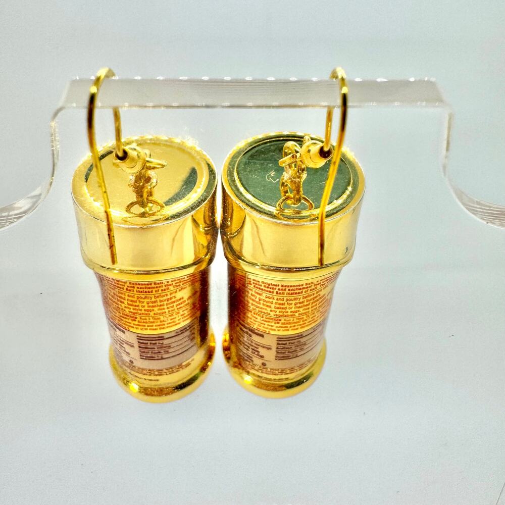 Gold Lawry’s Seasoning Earrings - Metallic Spice Dangles - Bold Foodcore Flair - Picture 5 of 8